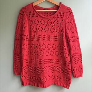 TALBOTS Chunky Pointelle Knit Sweater Red Open Stitch Cotton Blend Preppy‎ M